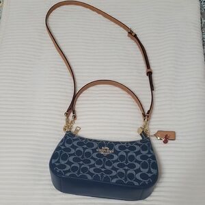 Coach Blue and Tan Crescent Shoulder Bag with Monogram